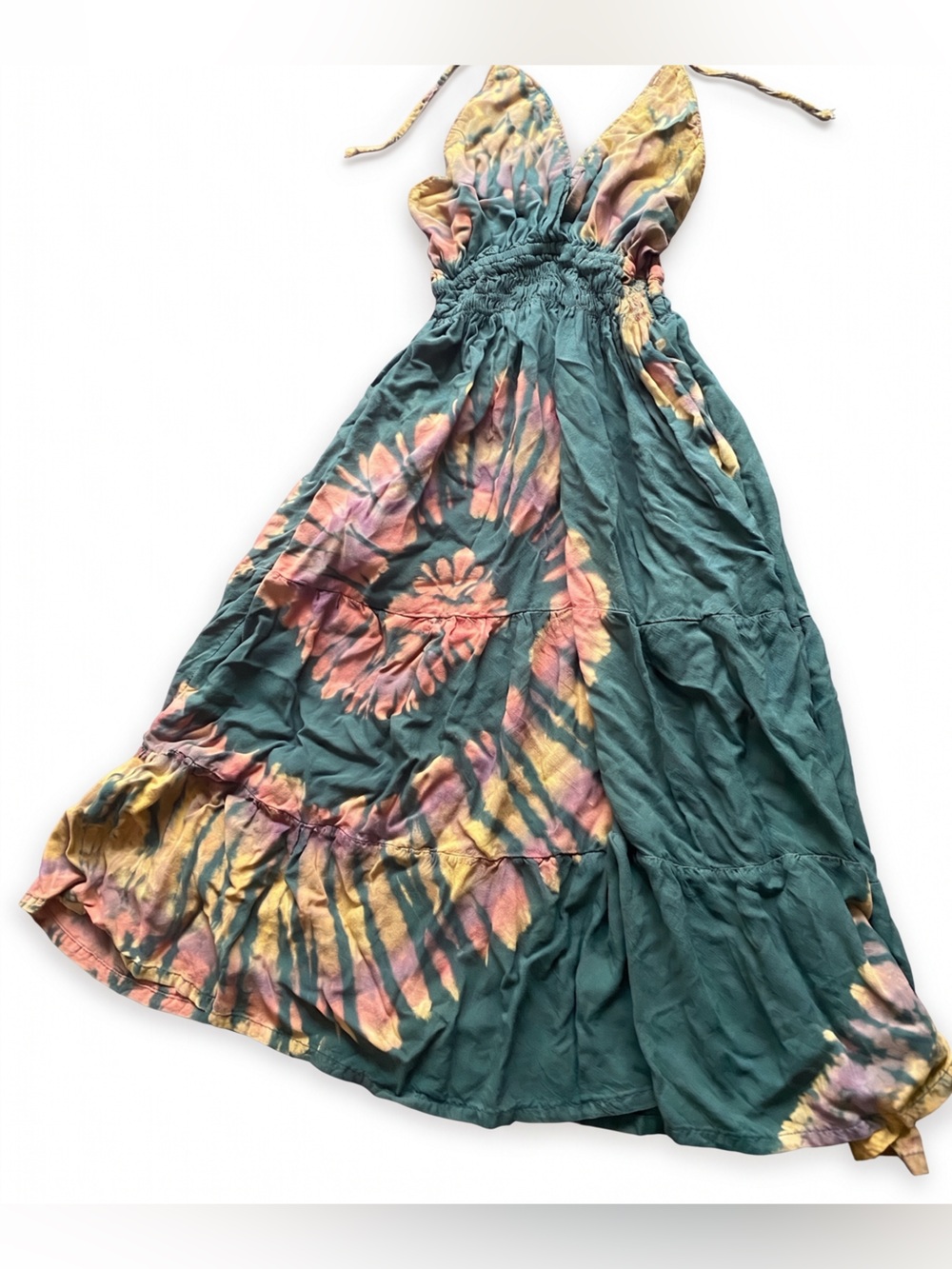 Source Unknown Teal Tie-Dye Mini Dress with Pink and Yellow Swirls